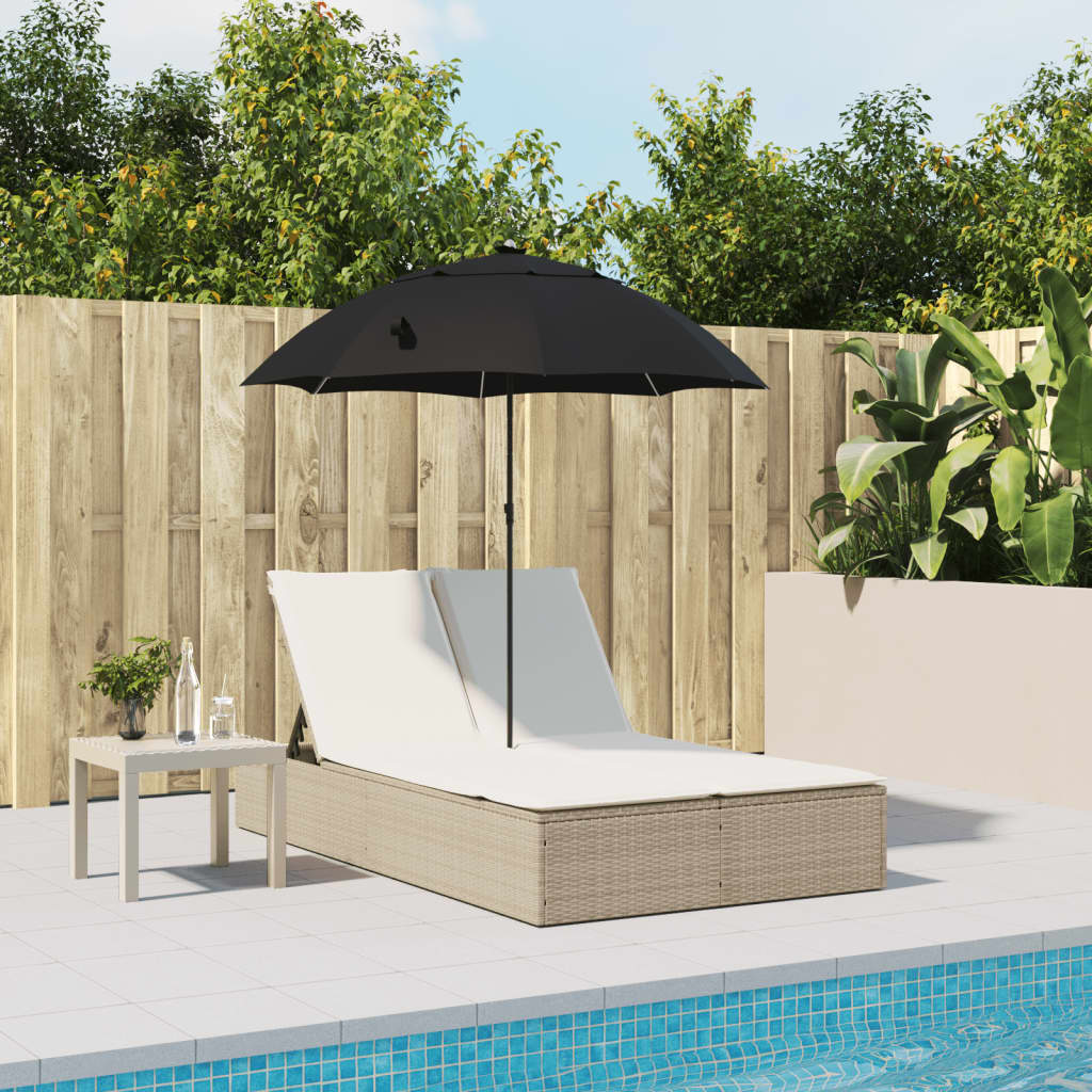 Double sun lounger with cushions and parasol in PE wicker, beige