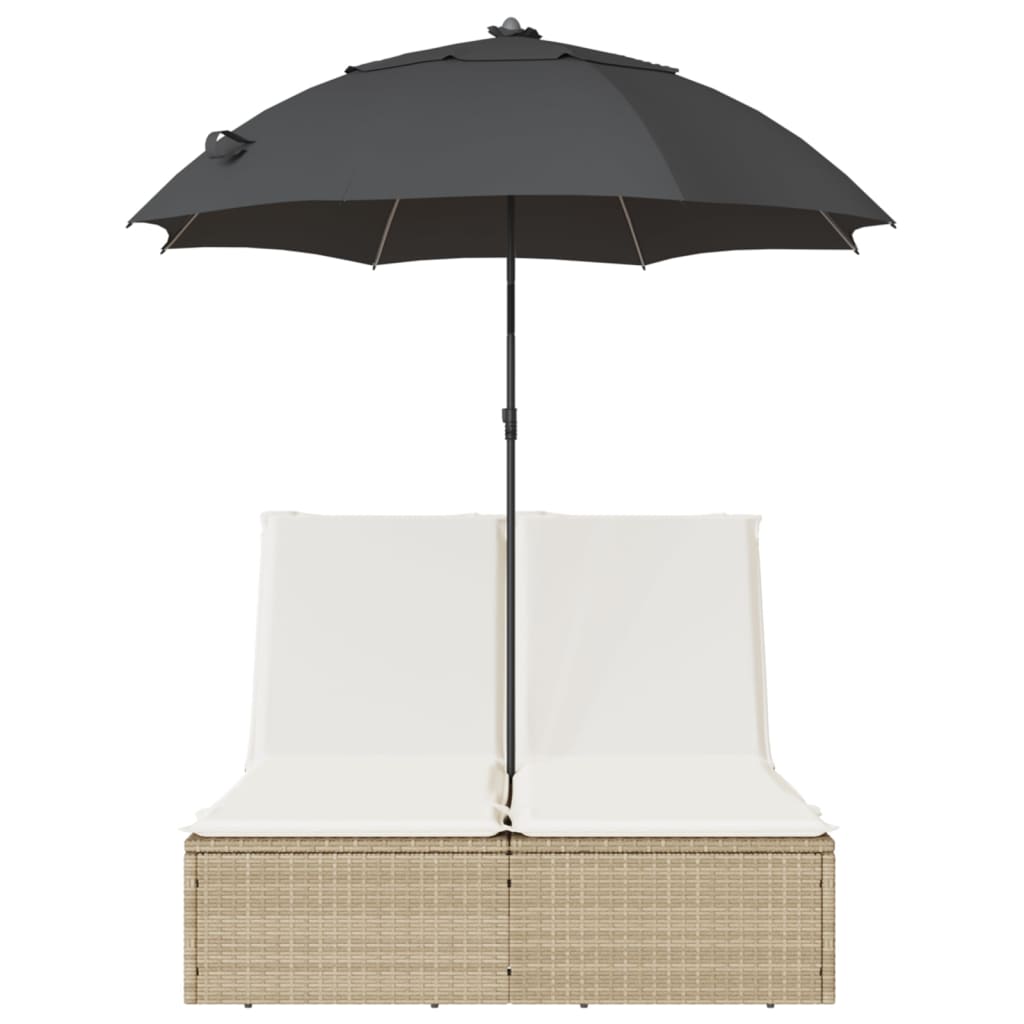 Double sun lounger with cushions and parasol in PE wicker, beige