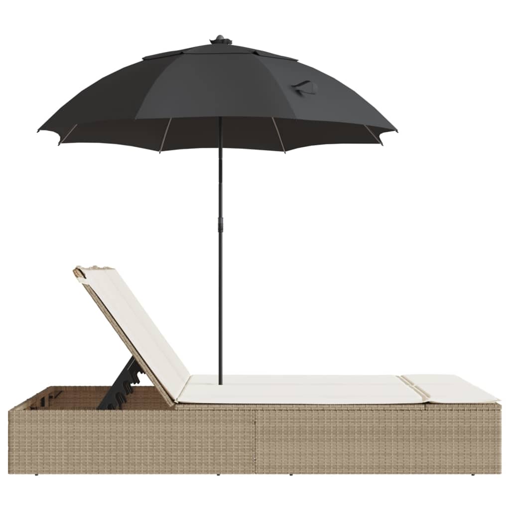 Double sun lounger with cushions and parasol in PE wicker, beige