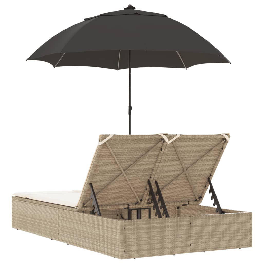 Double sun lounger with cushions and parasol in PE wicker, beige