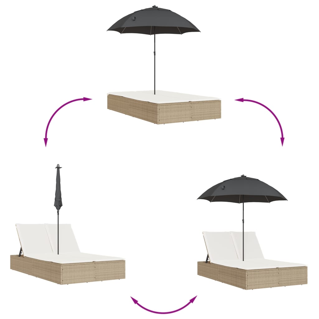 Double sun lounger with cushions and parasol in PE wicker, beige