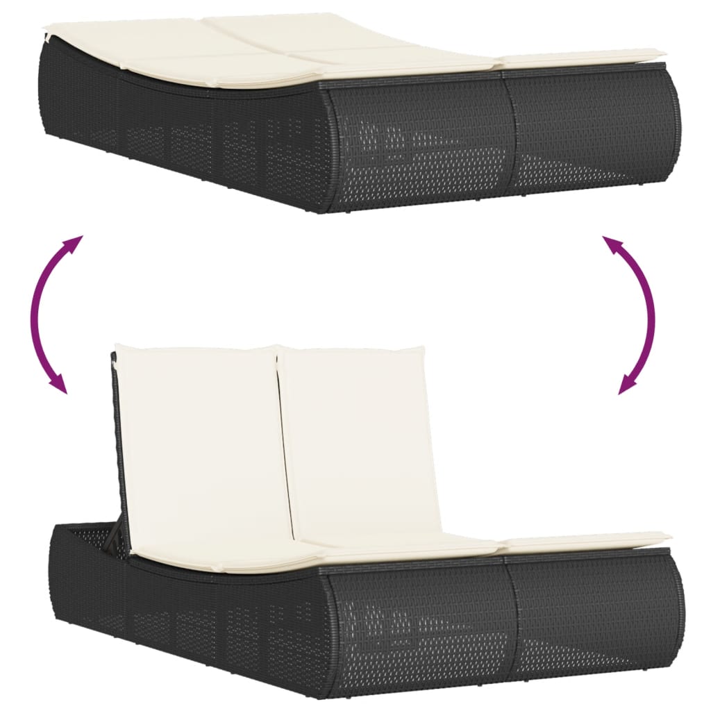 Double sun lounger with cushions in black poly rattan