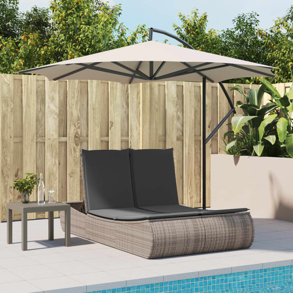 Double sun lounger with cushions in grey poly rattan