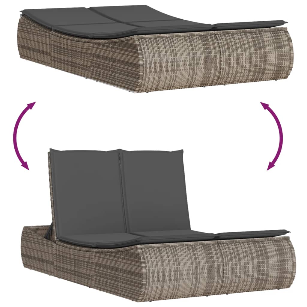 Double sun lounger with cushions in grey poly rattan
