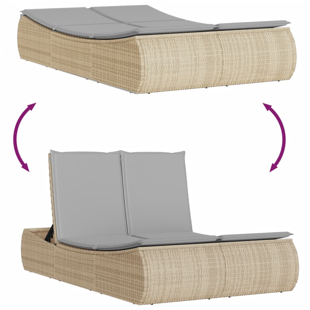 Double sun lounger with cushions in beige PE wicker