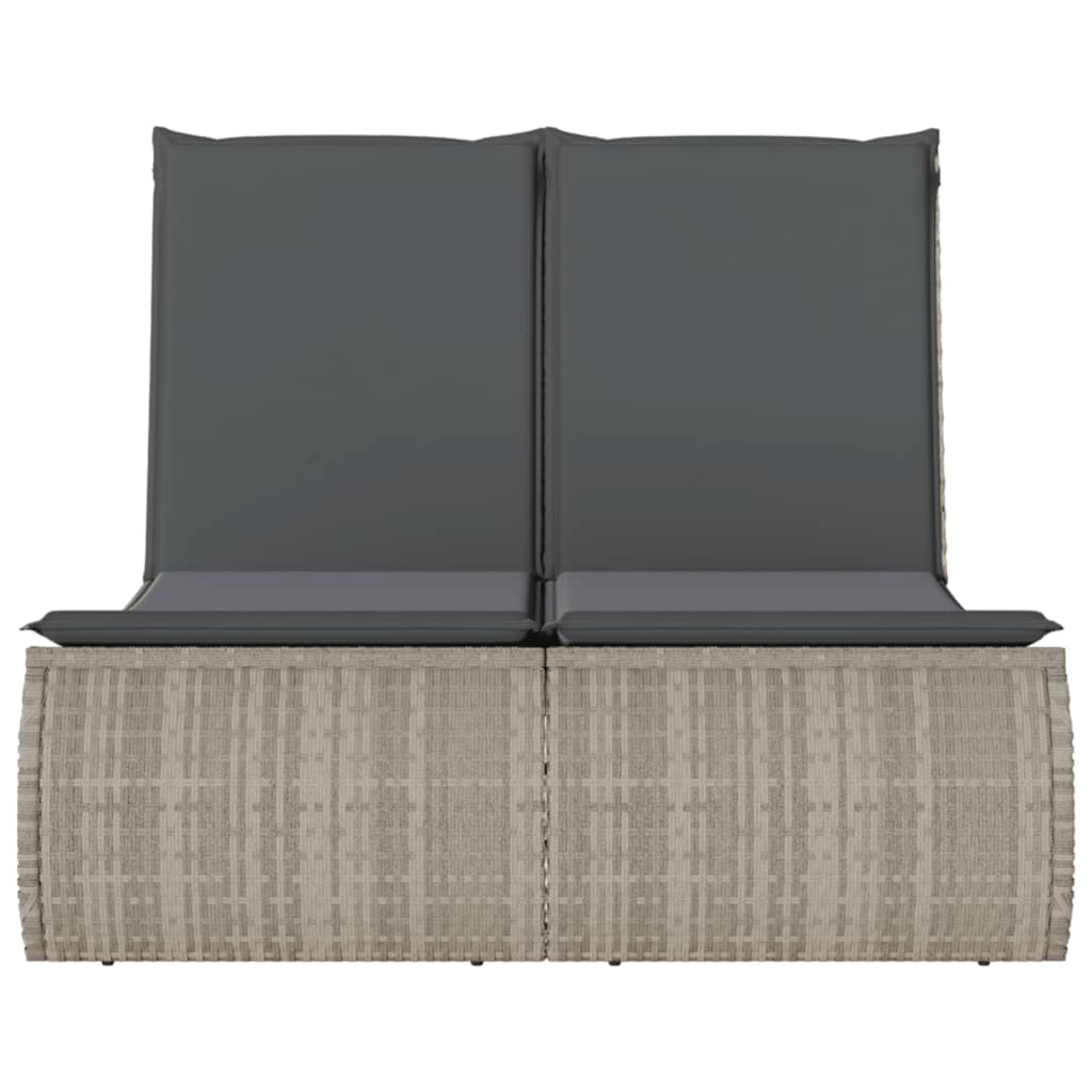 Double sun lounger with cushions in light grey poly rattan