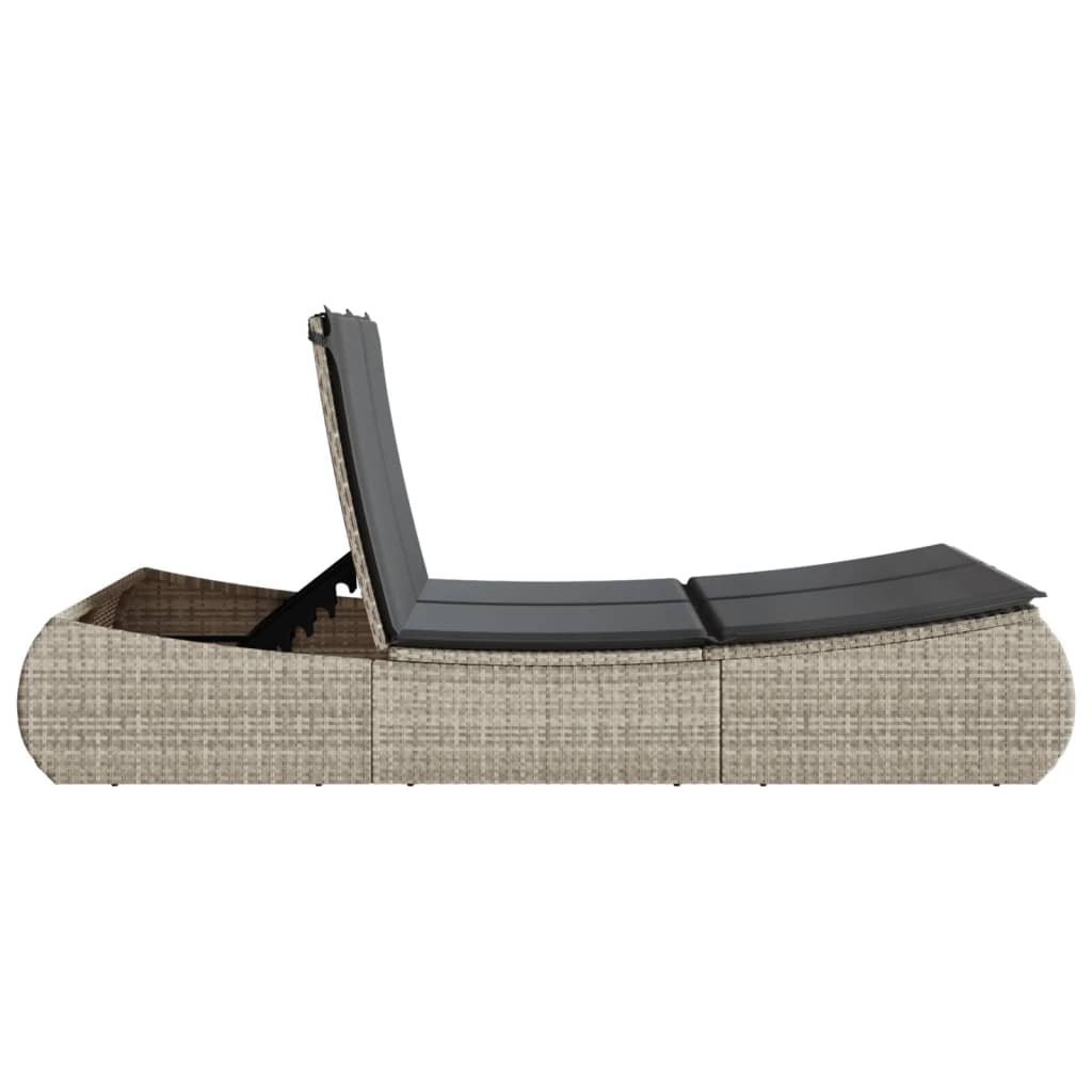 Double sun lounger with cushions in light grey poly rattan