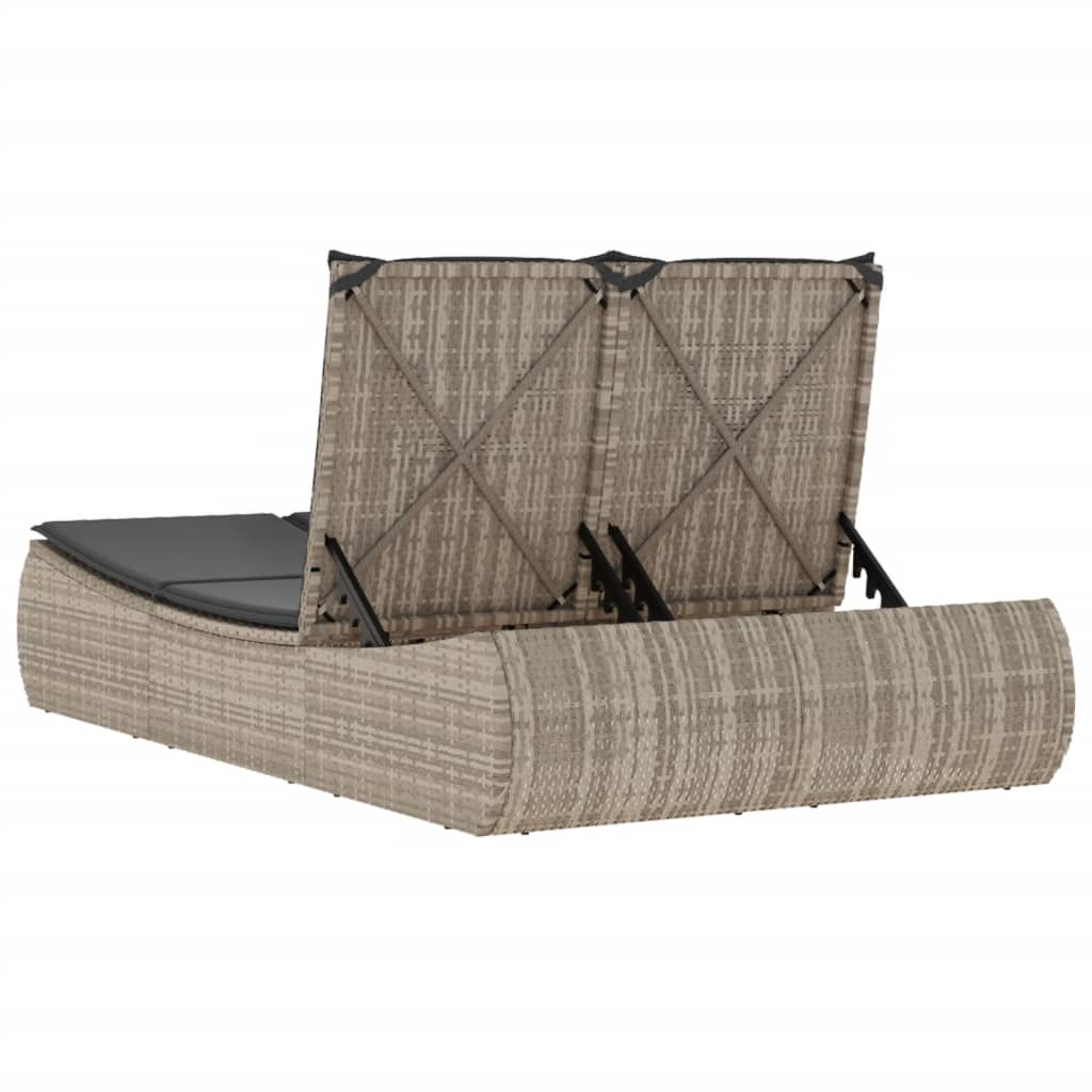 Double sun lounger with cushions in light grey poly rattan