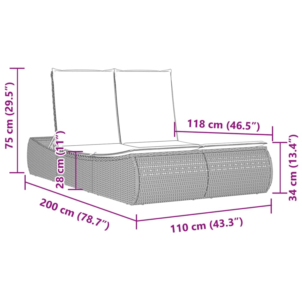 Double sun lounger with cushions in light grey poly rattan