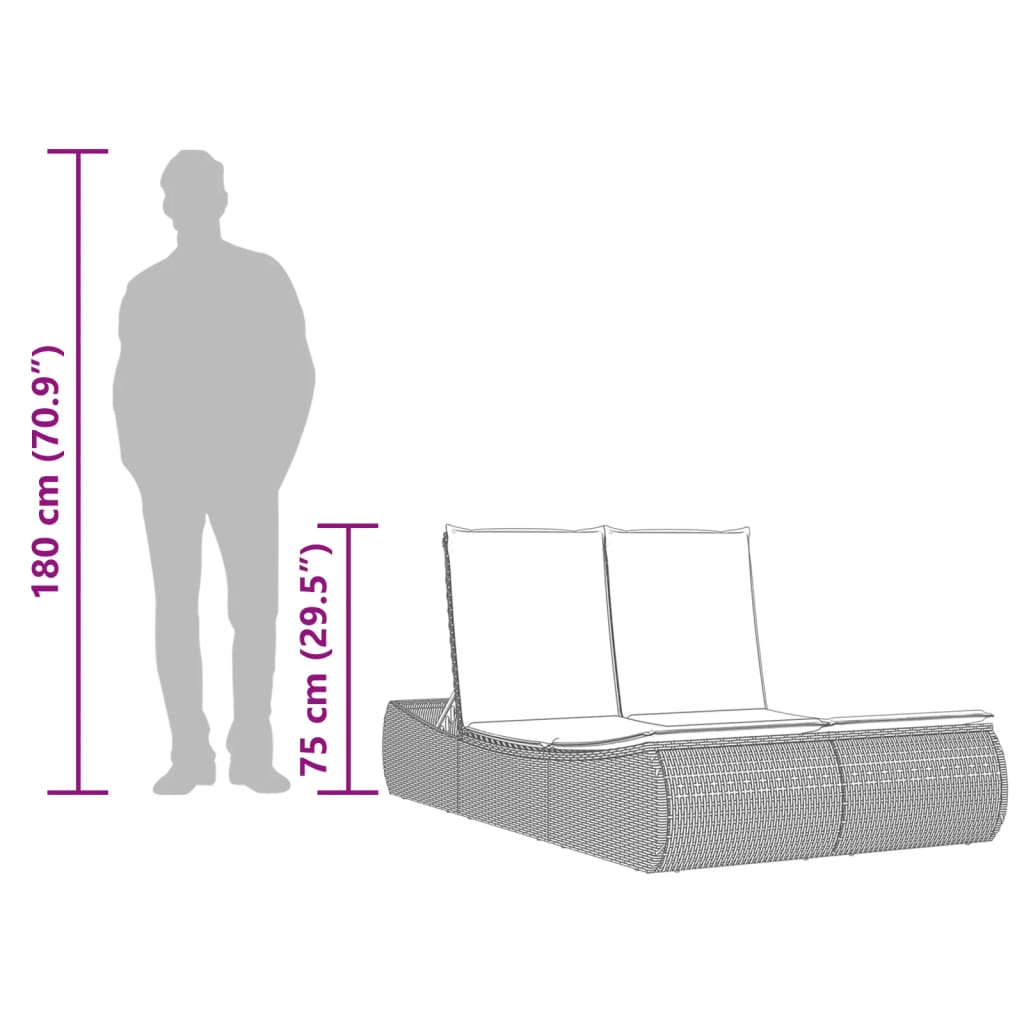 Double sun lounger with cushions in light grey poly rattan