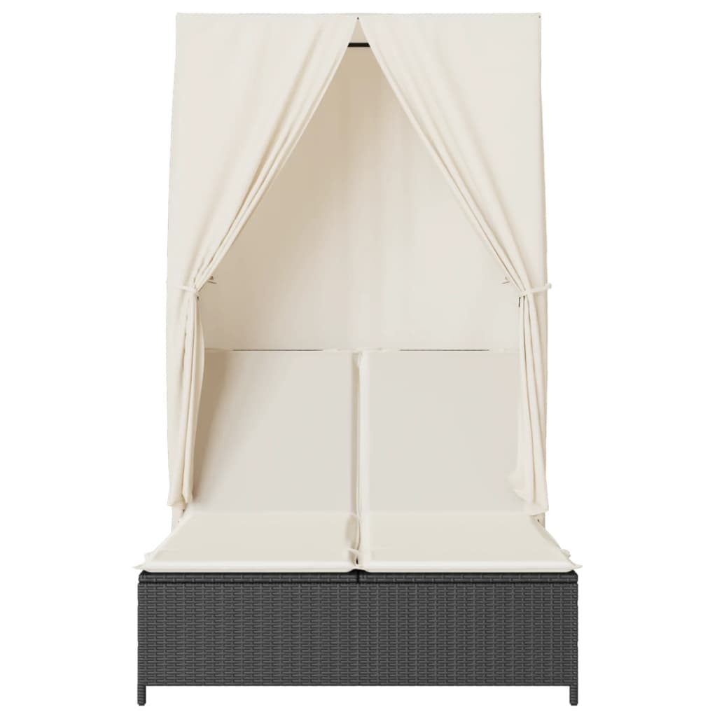 Double sun lounger with roof and curtains in black PE wicker
