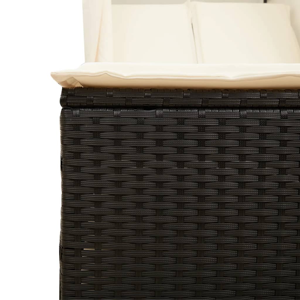 Double sun lounger with roof and curtains in black PE wicker