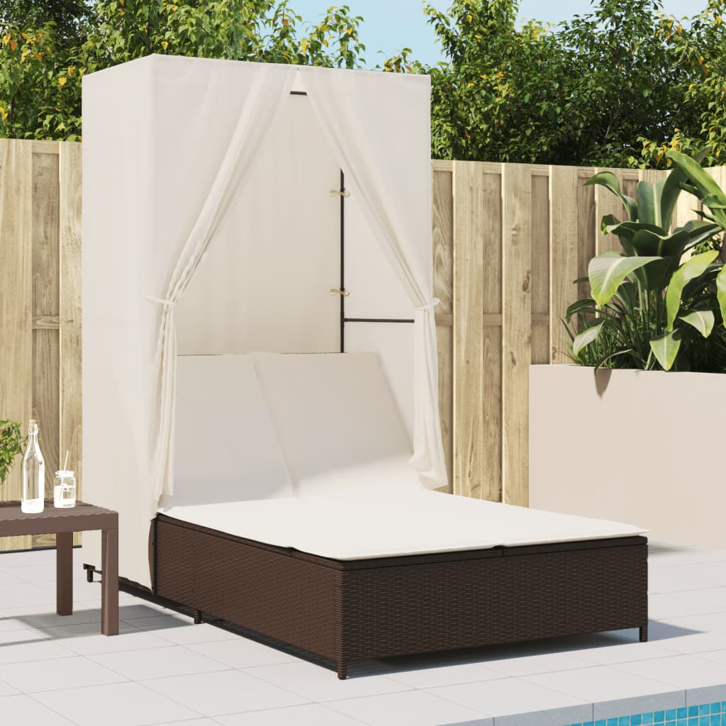 Double sun lounger with roof and curtains in brown PE rattan