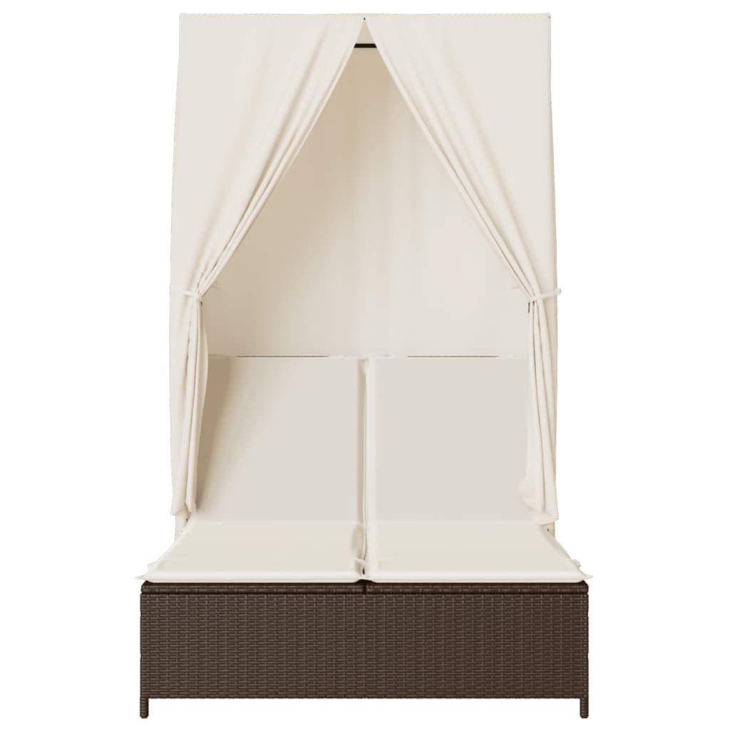 Double sun lounger with roof and curtains in brown PE rattan