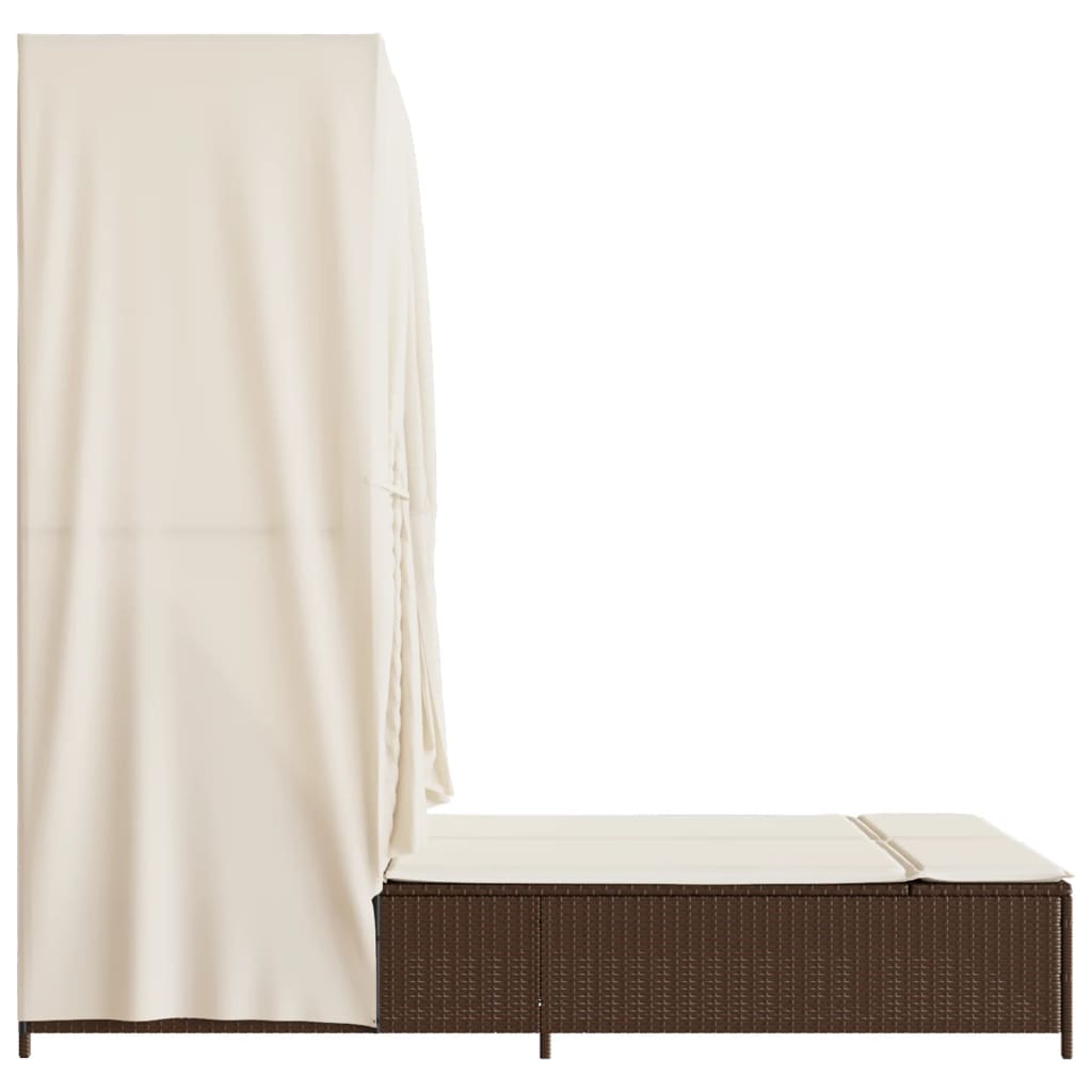Double sun lounger with roof and curtains in brown PE rattan