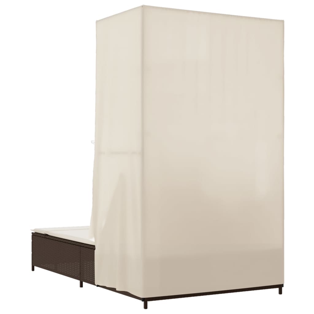 Double sun lounger with roof and curtains in brown PE rattan