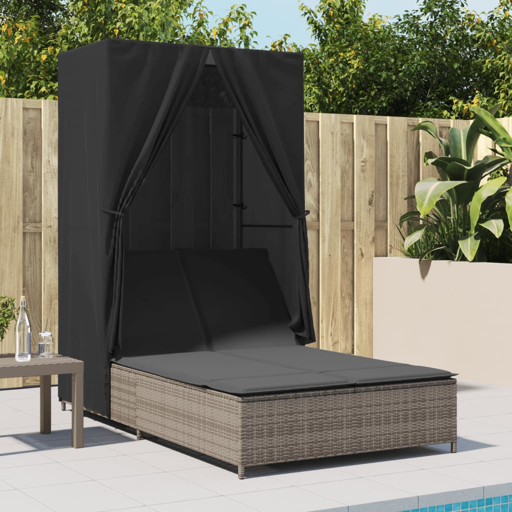 Double sun lounger with roof and curtains in grey poly rattan