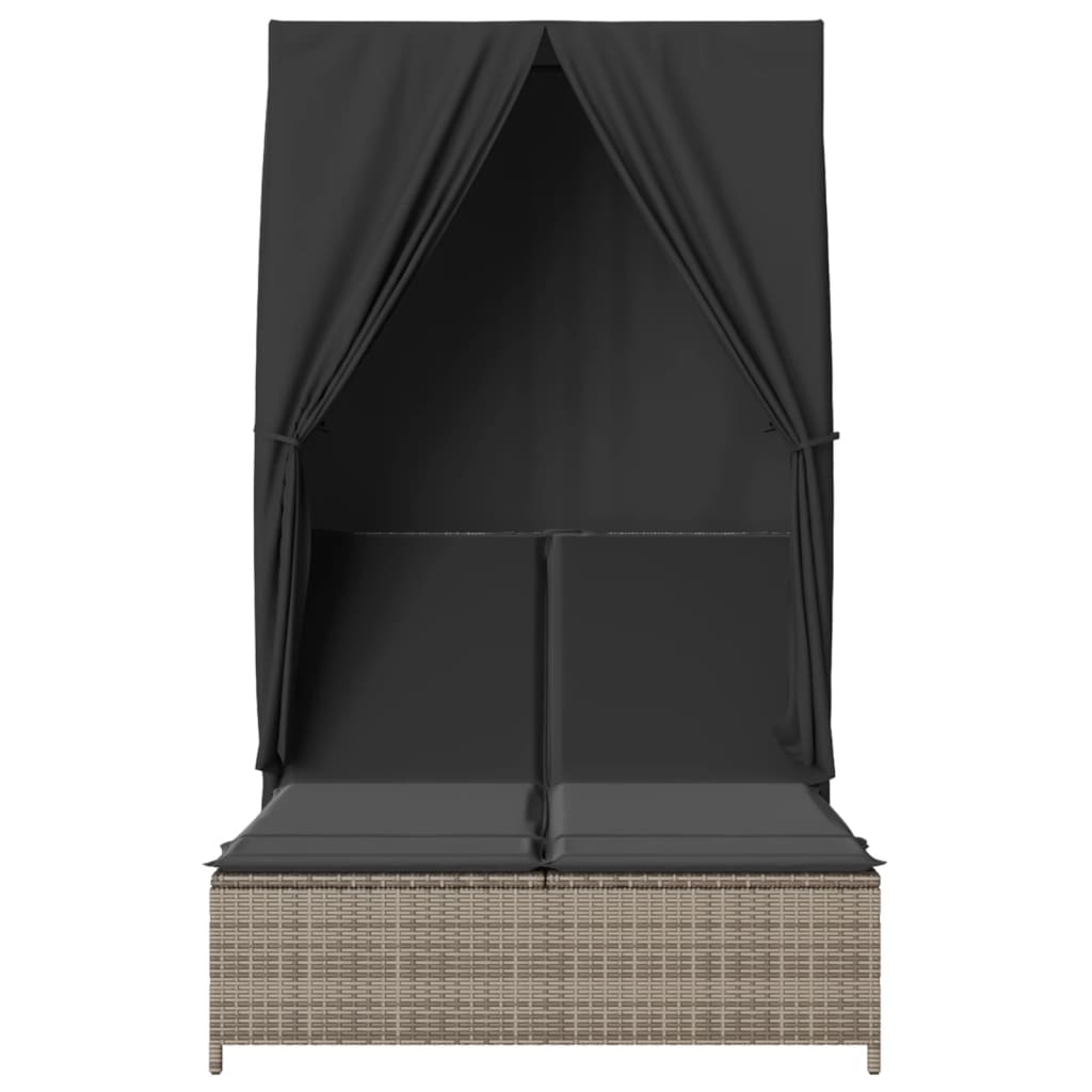 Double sun lounger with roof and curtains in grey poly rattan
