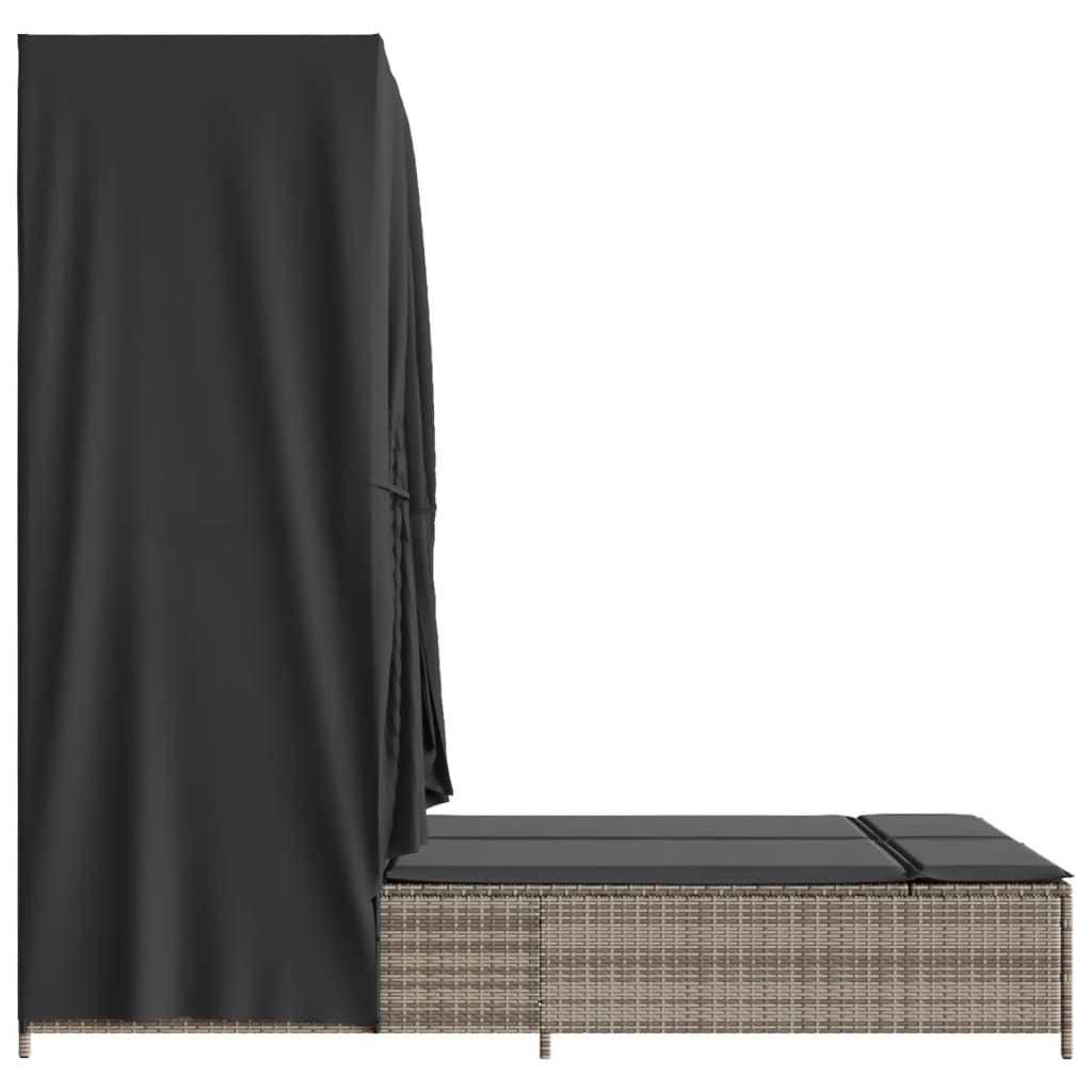 Double sun lounger with roof and curtains in grey poly rattan