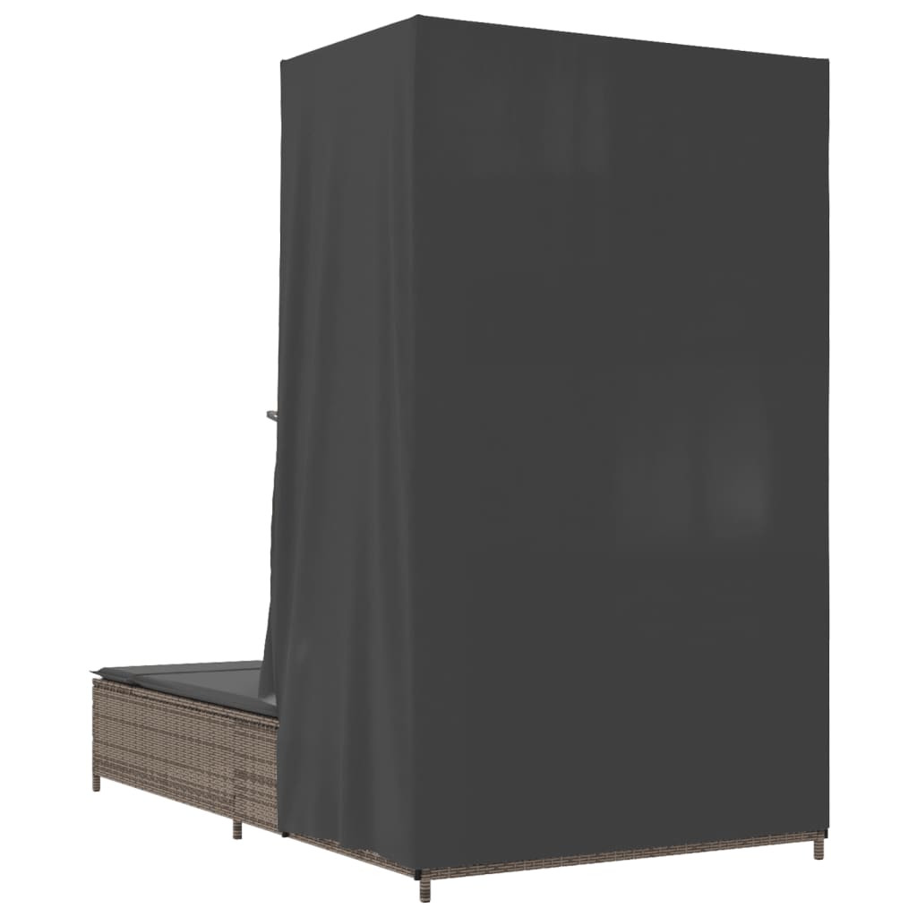 Double sun lounger with roof and curtains in grey poly rattan
