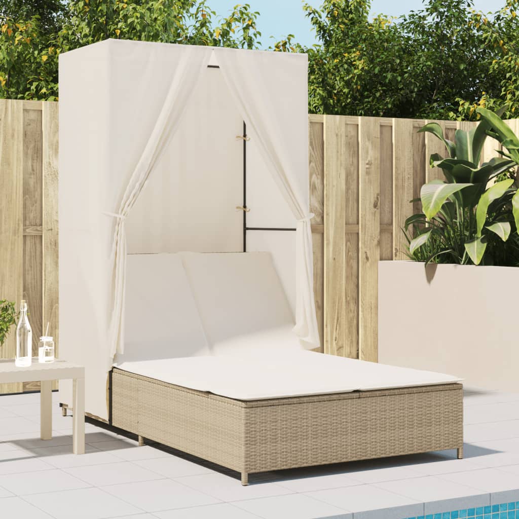 Double sun lounger with roof and curtains in beige PE wicker