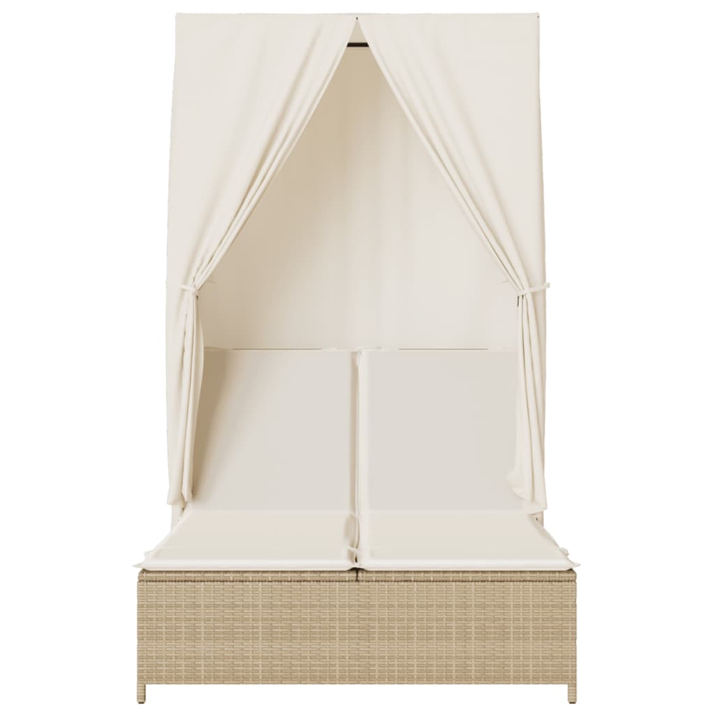 Double sun lounger with roof and curtains in beige PE wicker