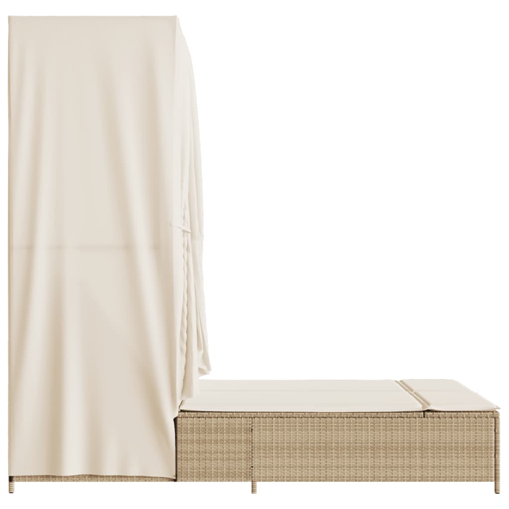 Double sun lounger with roof and curtains in beige PE wicker