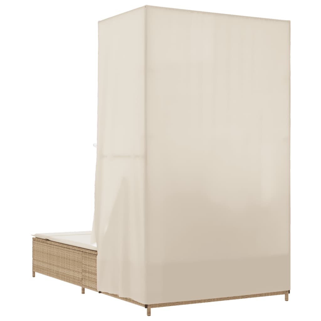 Double sun lounger with roof and curtains in beige PE wicker