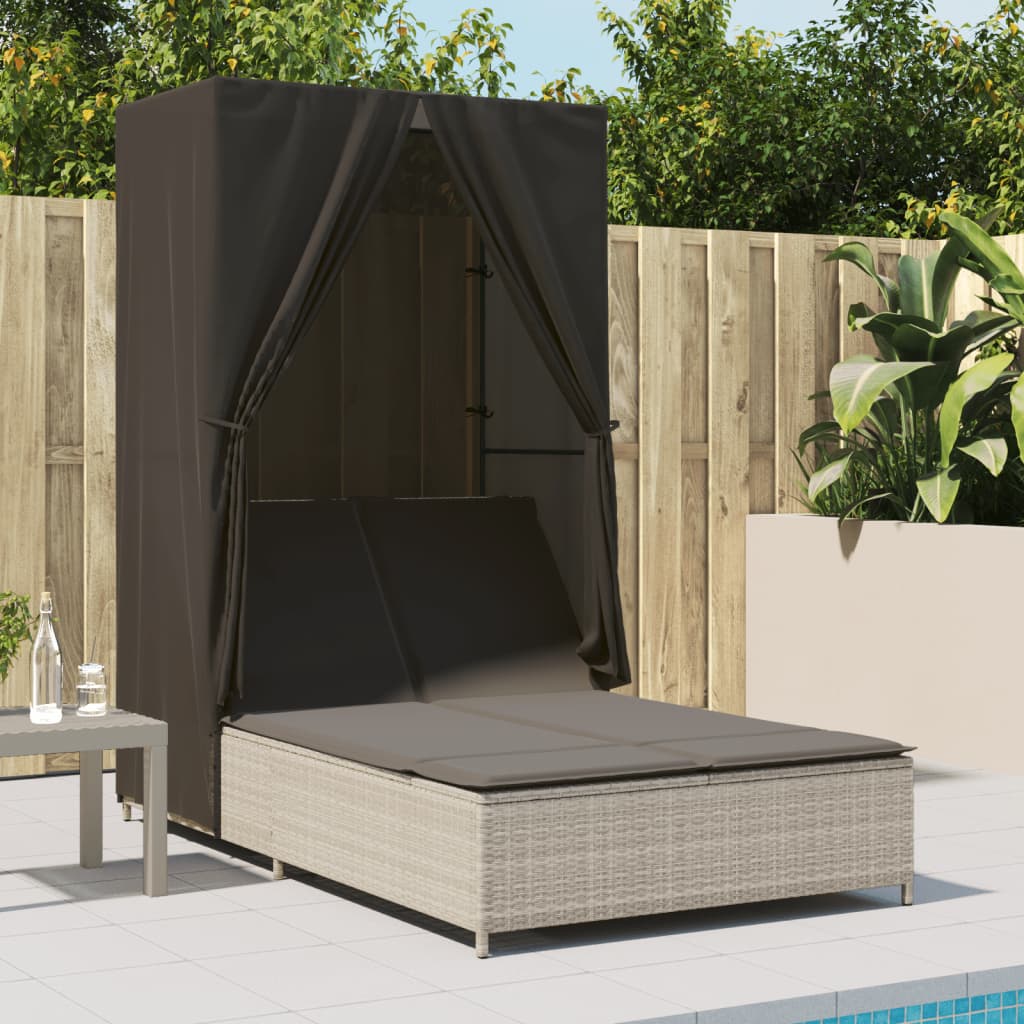 Double sun lounger with roof and curtains in light grey poly rattan