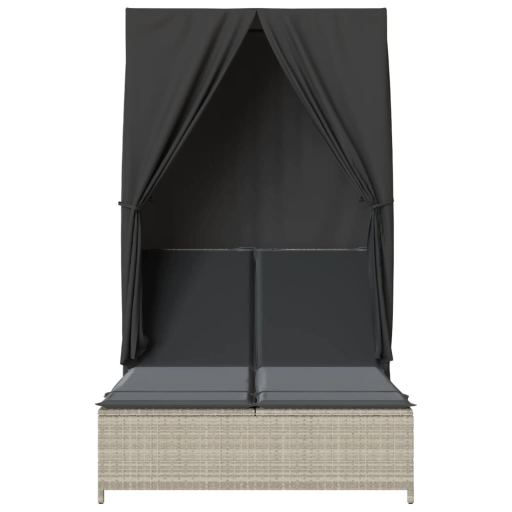 Double sun lounger with roof and curtains in light grey poly rattan