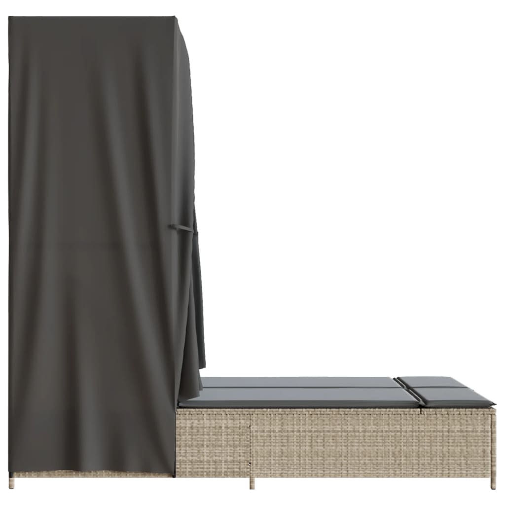 Double sun lounger with roof and curtains in light grey poly rattan