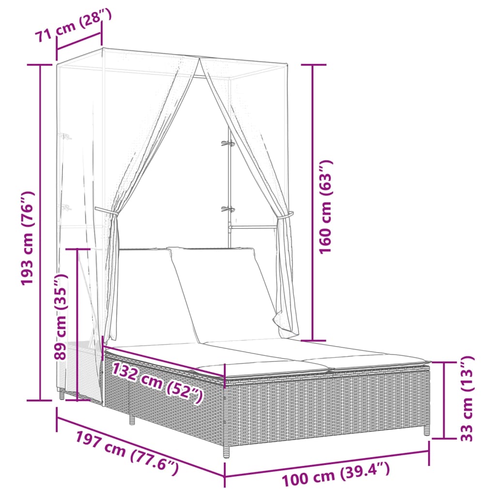 Double sun lounger with roof and curtains in light grey poly rattan