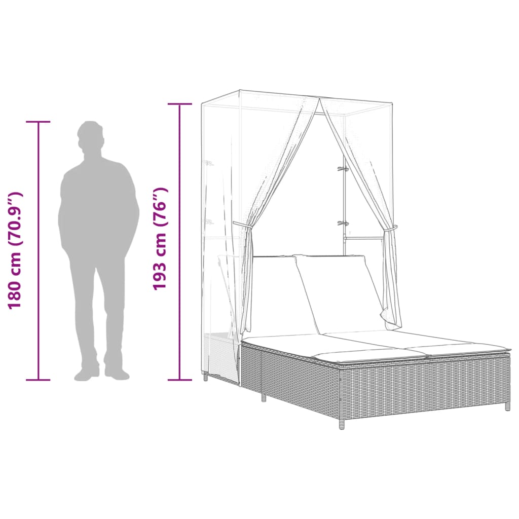 Double sun lounger with roof and curtains in light grey poly rattan