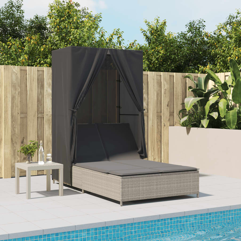 Double sun lounger with roof and curtains in light grey poly rattan