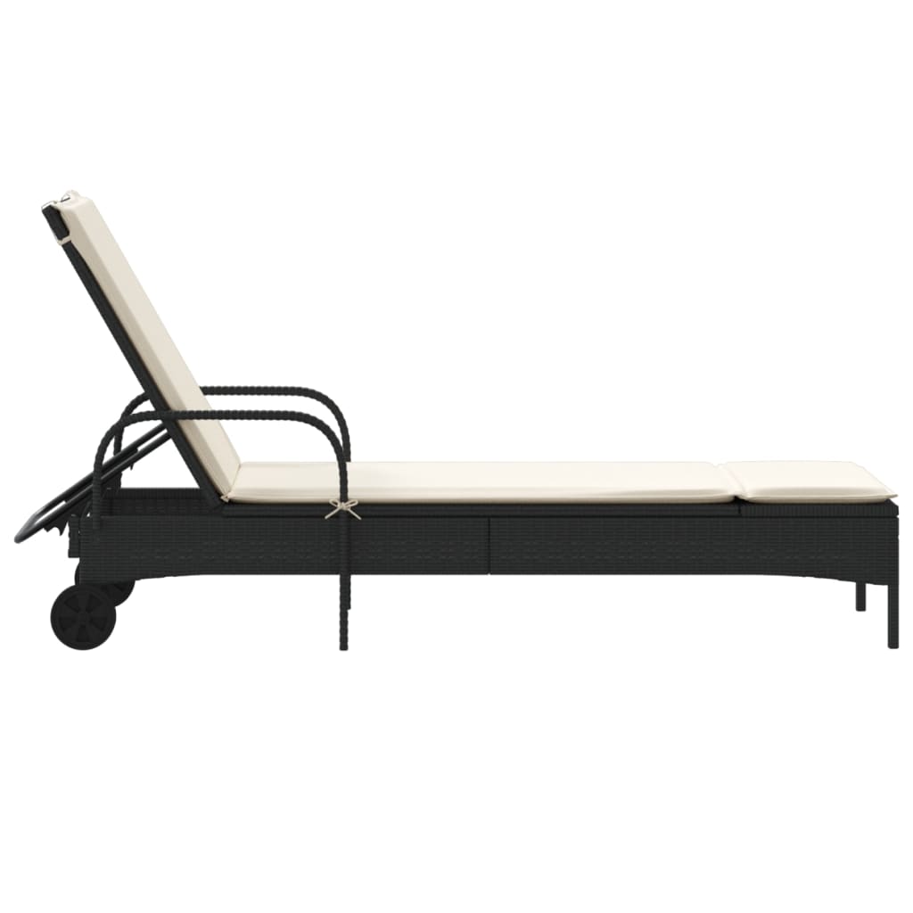 Sun lounger with wheels and cushion in black PE wicker