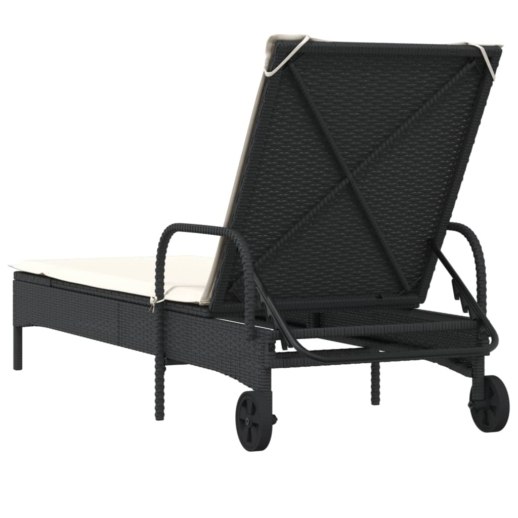 Sun lounger with wheels and cushion in black PE wicker