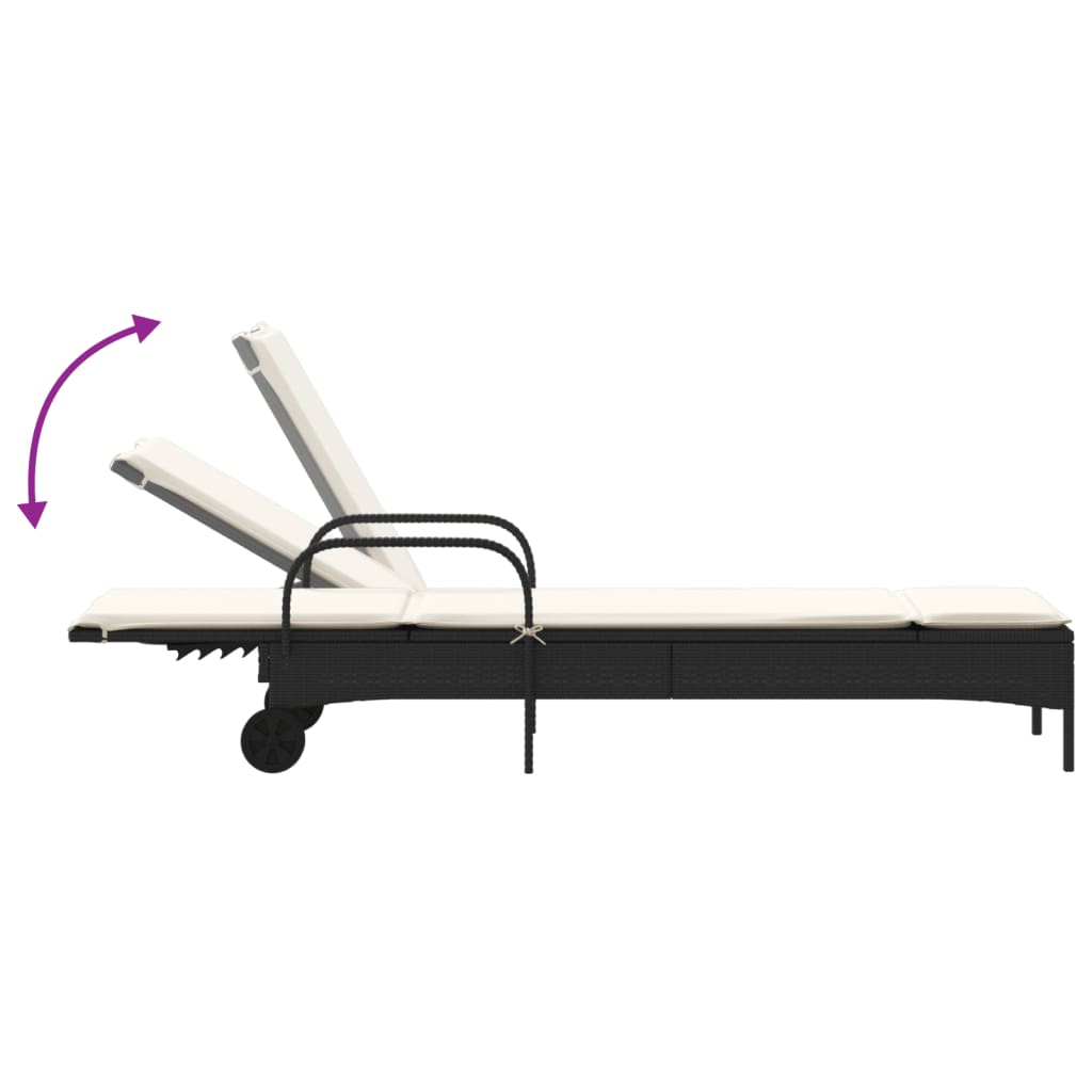 Sun lounger with wheels and cushion in black PE wicker