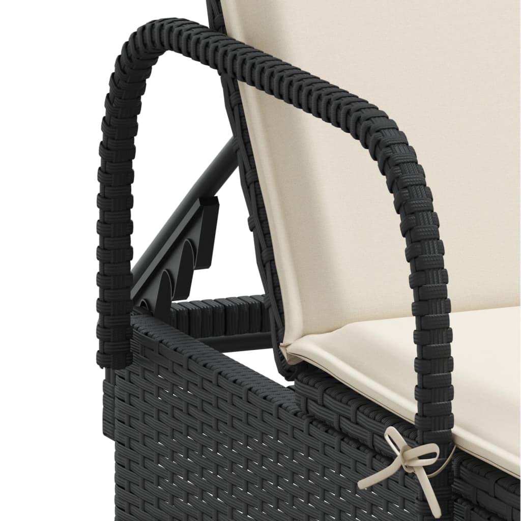 Sun lounger with wheels and cushion in black PE wicker