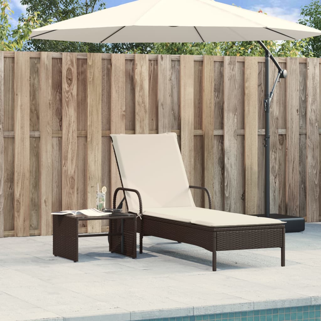 Sun lounger with wheels and cushion in brown PE wicker