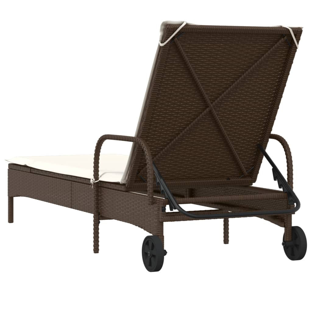 Sun lounger with wheels and cushion in brown PE wicker
