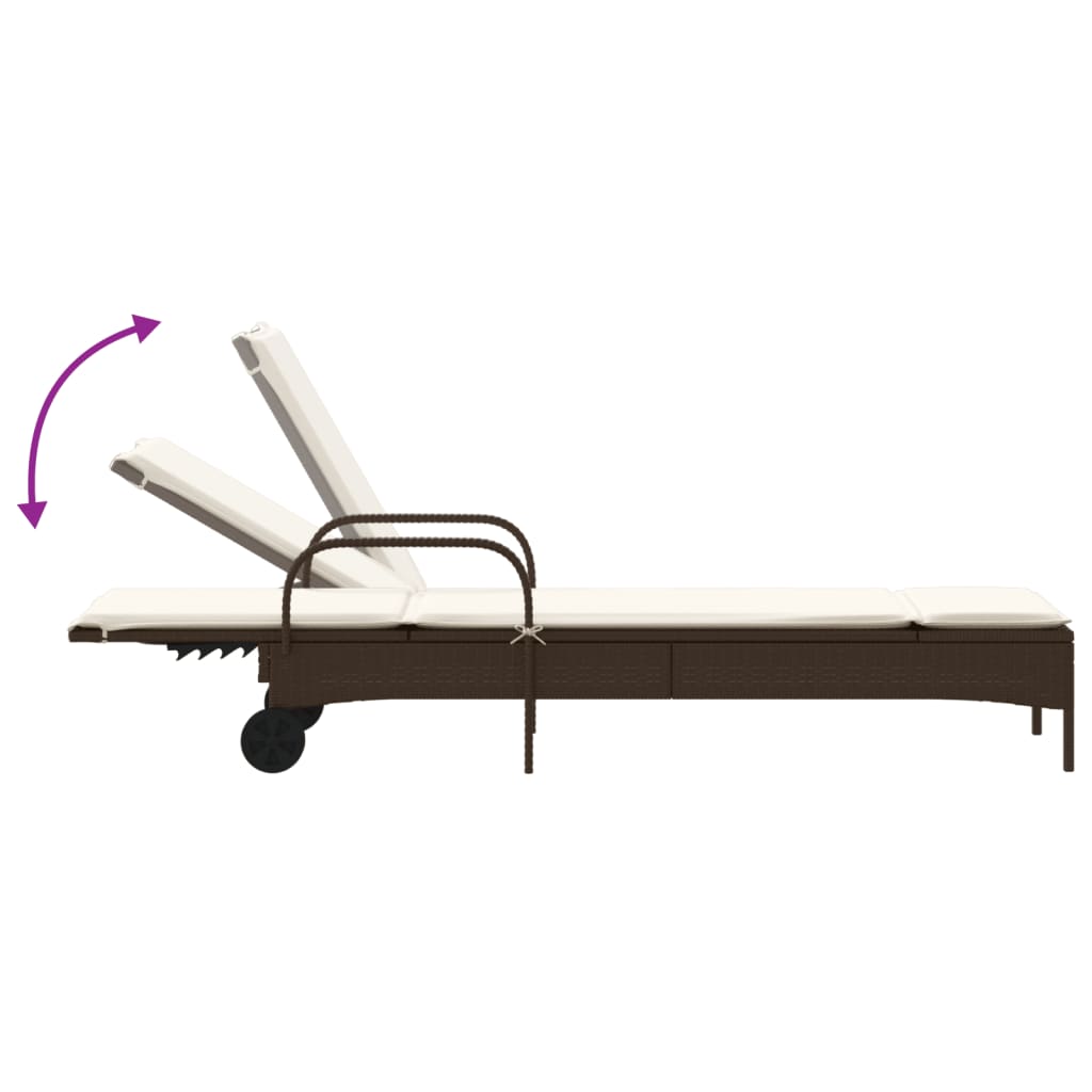 Sun lounger with wheels and cushion in brown PE wicker