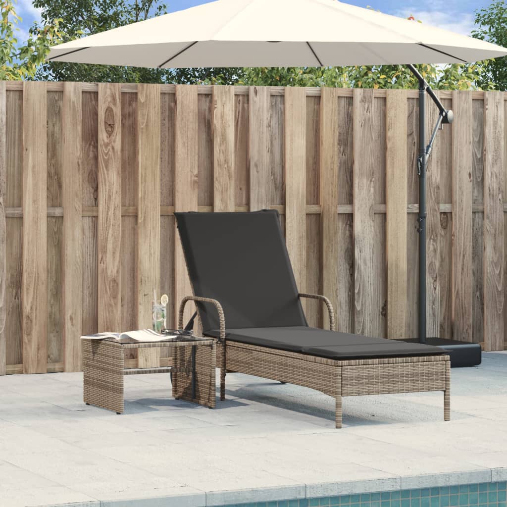 Sun lounger with wheels and cushion in grey PE wicker