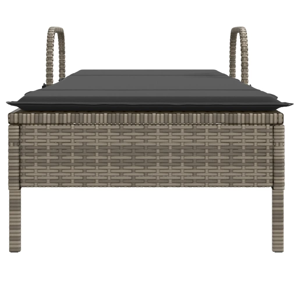 Sun lounger with wheels and cushion in grey PE wicker