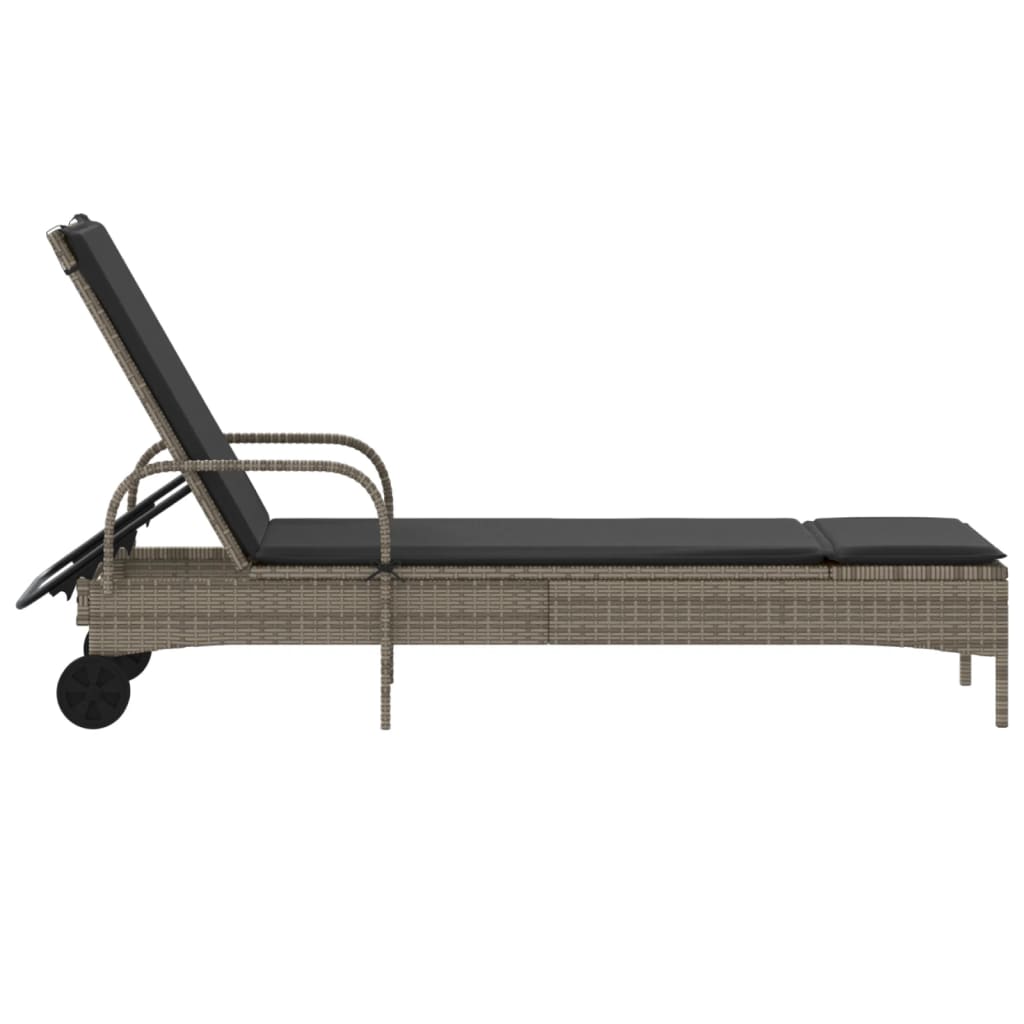 Sun lounger with wheels and cushion in grey PE wicker