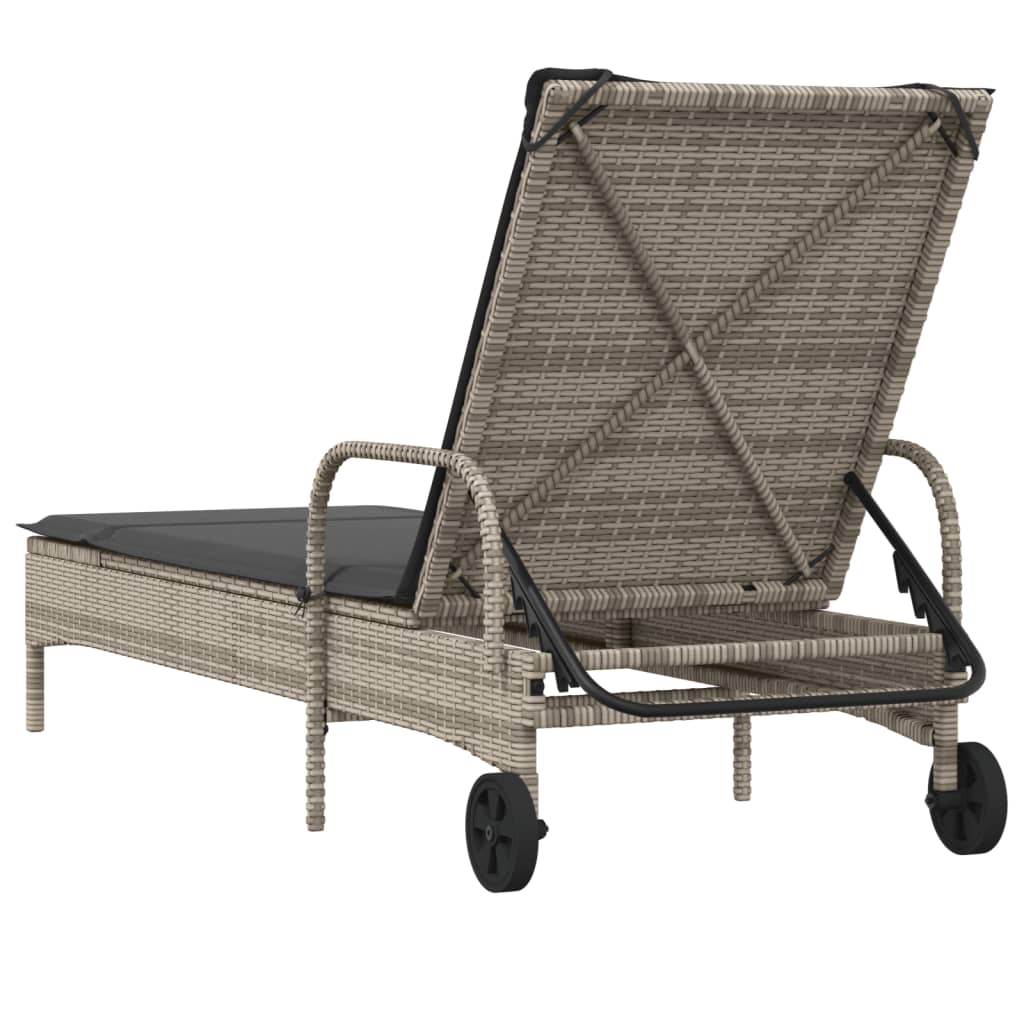 Sun lounger with wheels and cushion in grey PE wicker