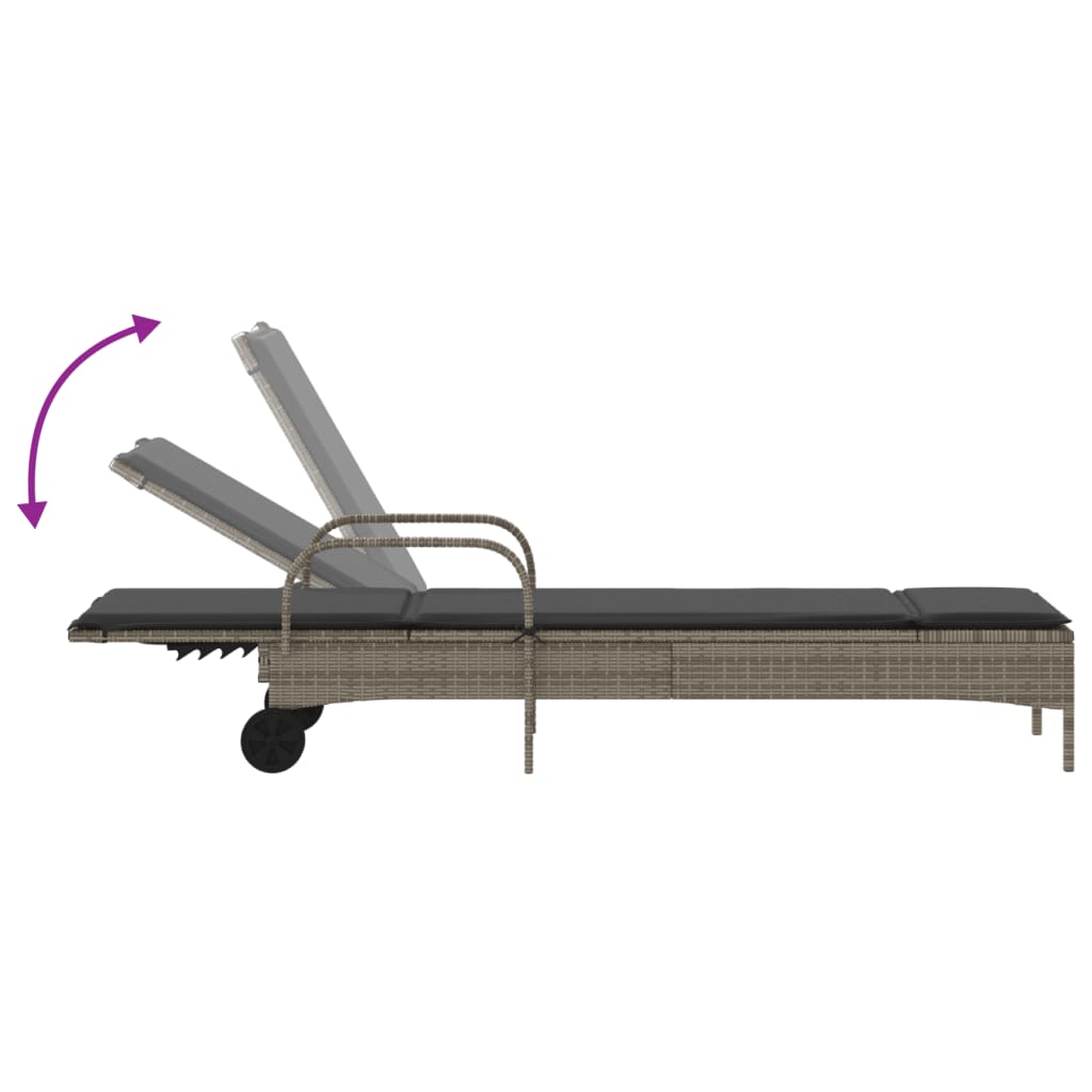 Sun lounger with wheels and cushion in grey PE wicker