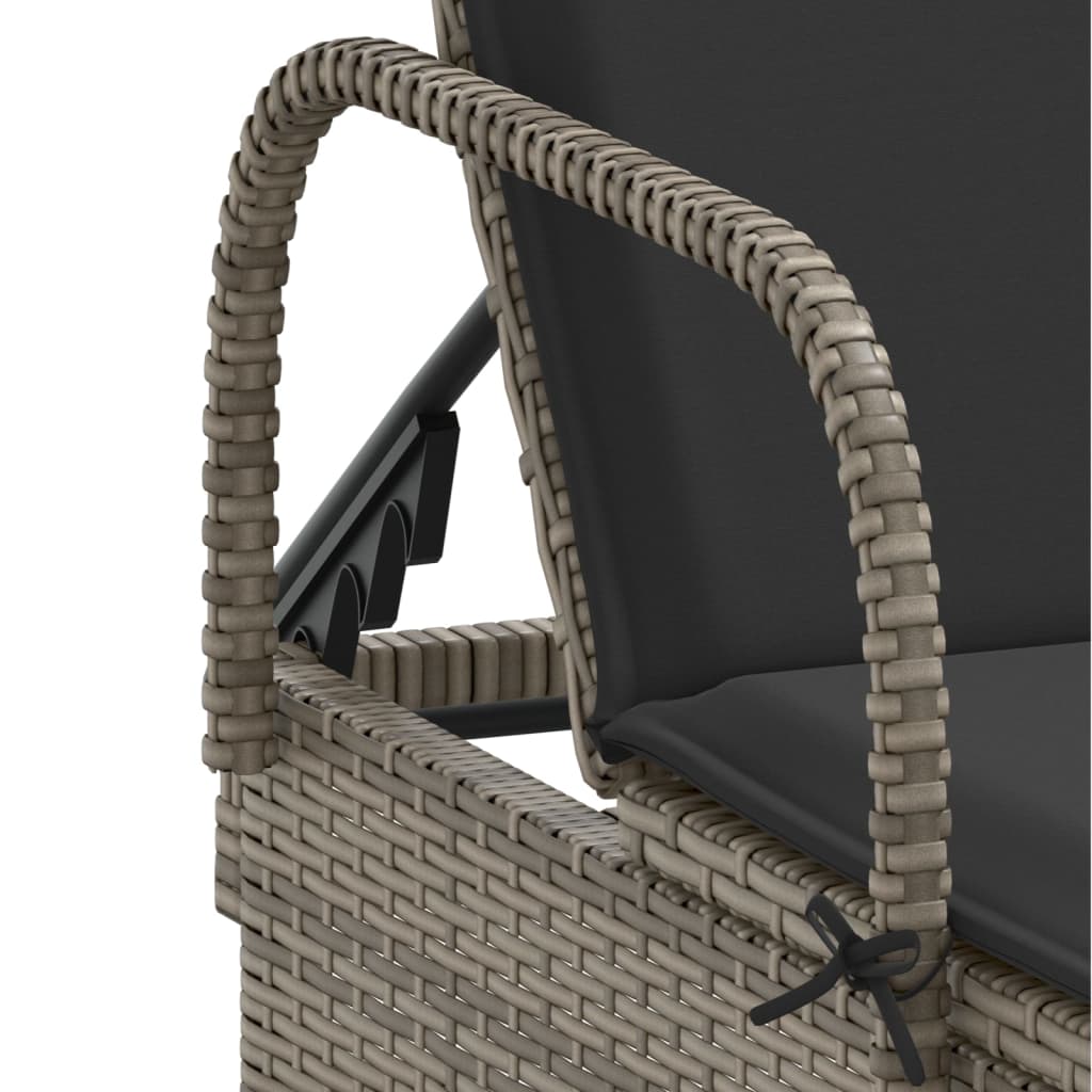 Sun lounger with wheels and cushion in grey PE wicker