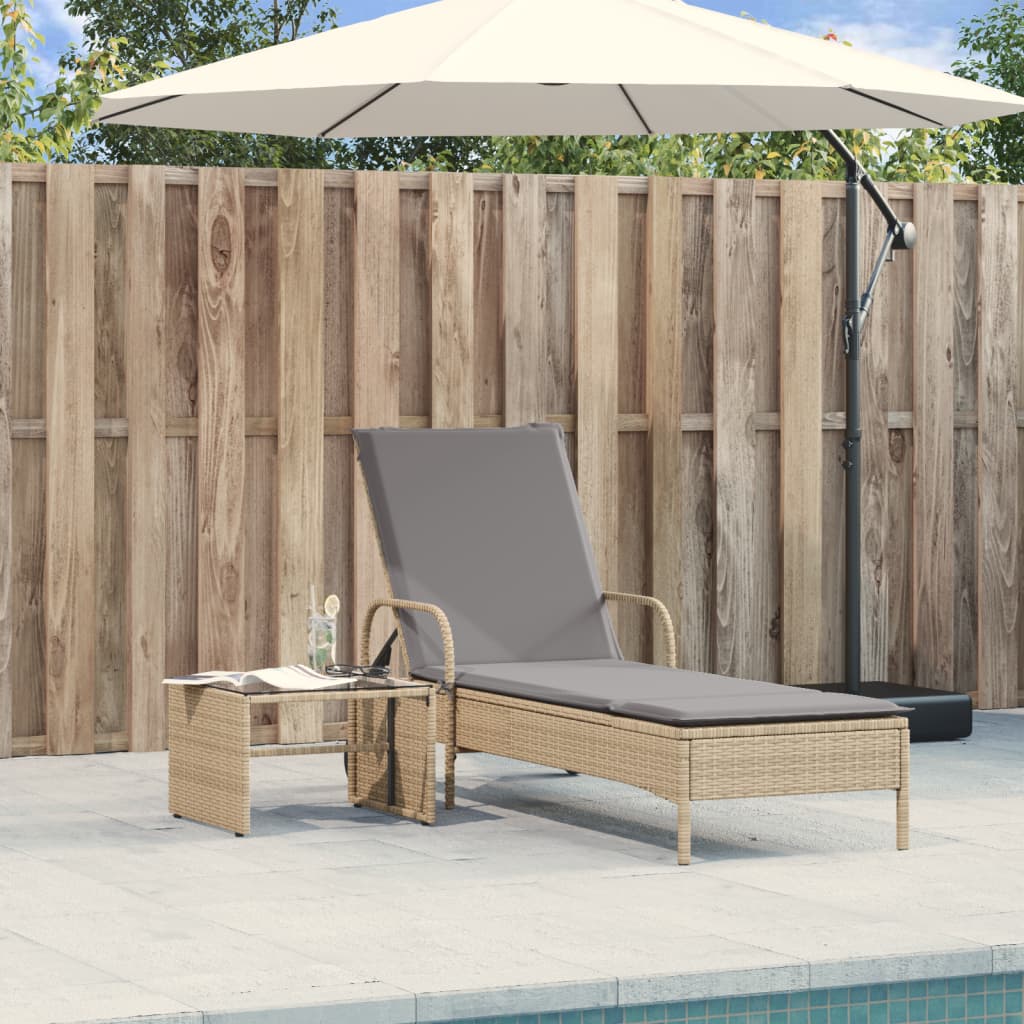 Sun lounger with wheels and cushion in beige PE wicker