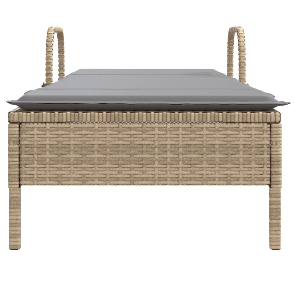 Sun lounger with wheels and cushion in beige PE wicker