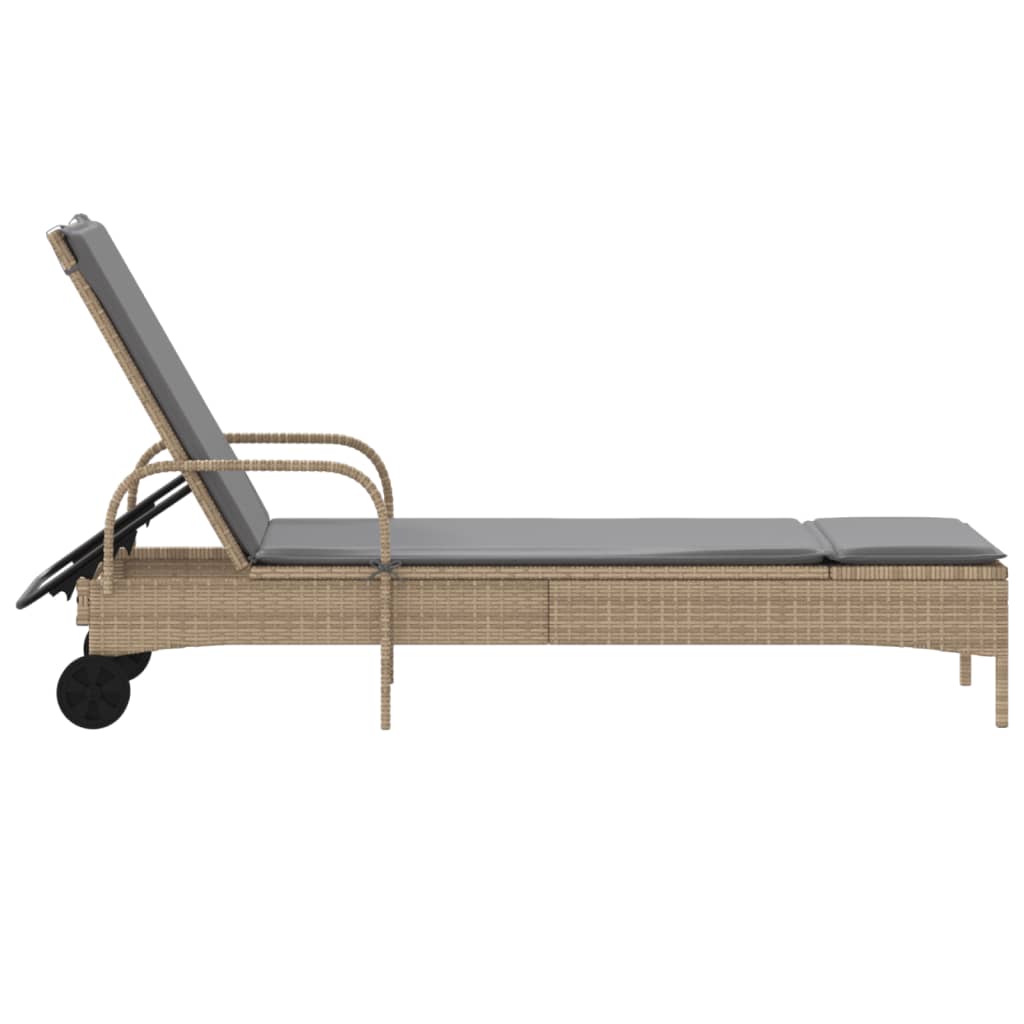 Sun lounger with wheels and cushion in beige PE wicker